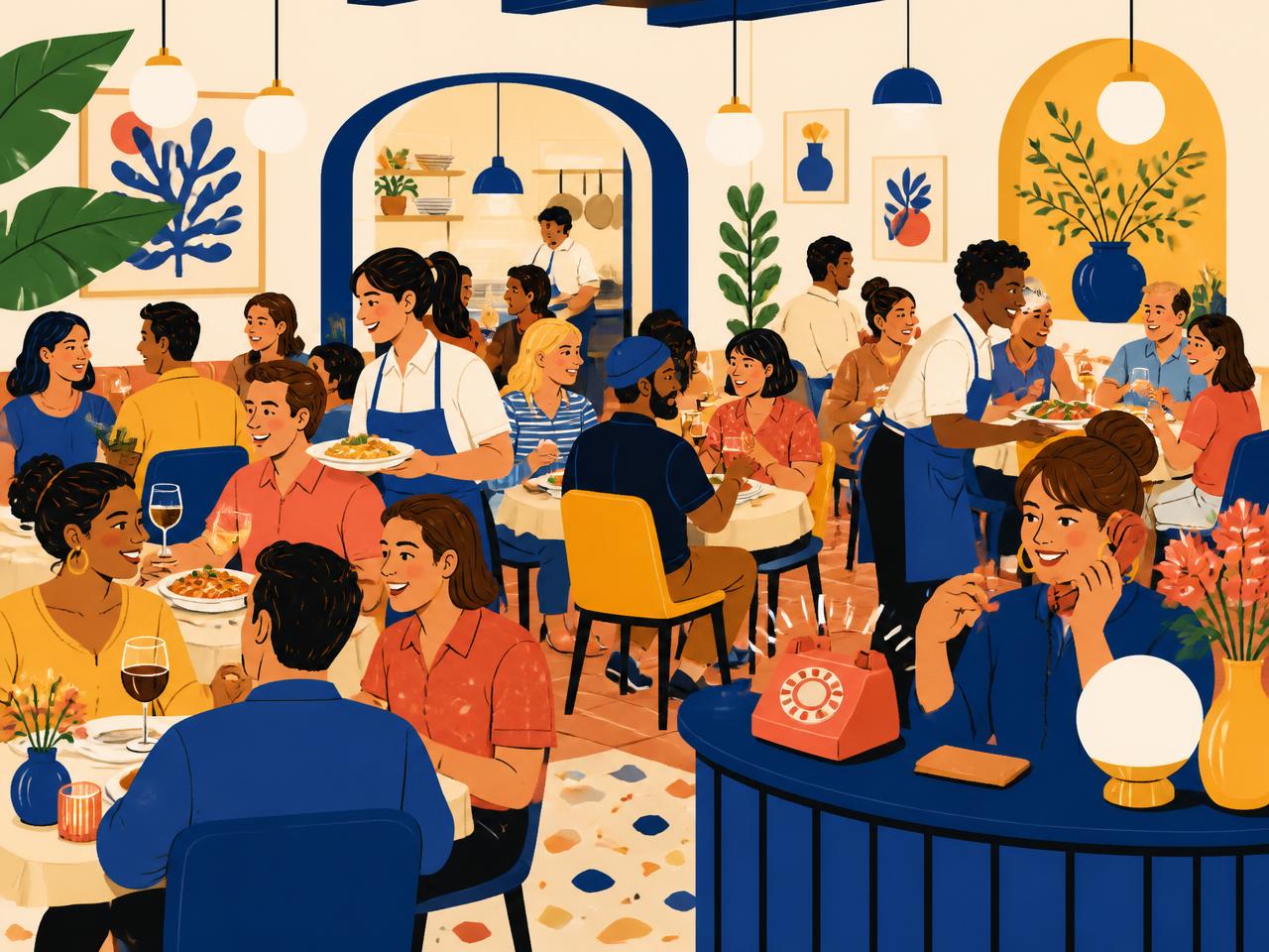 A busy neighborhood restaurant dining room with a ringing phone at the host stand