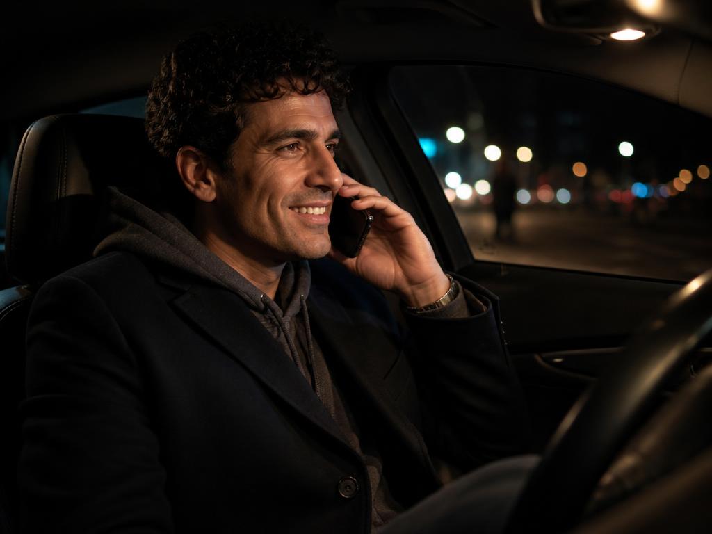 A hip guy calling from a car at night.